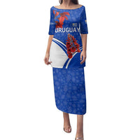 Uruguay Family Matching Puletasi and Hawaiian Shirt with Erythrina Flower Illustration Blue White Nature - Wonder Print Shop