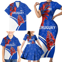Uruguay Family Matching Short Sleeve Bodycon Dress and Hawaiian Shirt with Erythrina Flower Illustration Blue White Nature - Wonder Print Shop