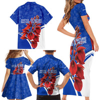 Uruguay Family Matching Short Sleeve Bodycon Dress and Hawaiian Shirt with Erythrina Flower Illustration Blue White Nature - Wonder Print Shop