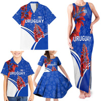 Uruguay Family Matching Tank Maxi Dress and Hawaiian Shirt with Erythrina Flower Illustration Blue White Nature - Wonder Print Shop