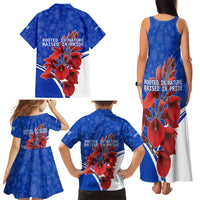 Uruguay Family Matching Tank Maxi Dress and Hawaiian Shirt with Erythrina Flower Illustration Blue White Nature - Wonder Print Shop