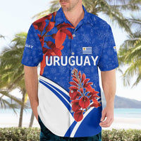 Uruguay Hawaiian Shirt with Erythrina Flower Illustration Blue White Nature - Wonder Print Shop