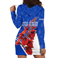 Uruguay Hoodie Dress with Erythrina Flower Illustration Blue White Nature - Wonder Print Shop