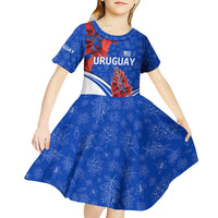 Uruguay Kid Short Sleeve Dress with Erythrina Flower Illustration Blue White Nature - Wonder Print Shop