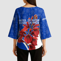 Uruguay Kimono Sleeve Blouse with Erythrina Flower Illustration Blue White Nature - Wonder Print Shop