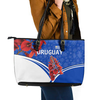 Uruguay Leather Tote Bag with Erythrina Flower Illustration Blue White Nature - Wonder Print Shop