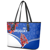 Uruguay Leather Tote Bag with Erythrina Flower Illustration Blue White Nature - Wonder Print Shop