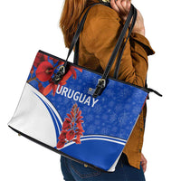 Uruguay Leather Tote Bag with Erythrina Flower Illustration Blue White Nature - Wonder Print Shop