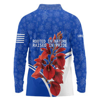 Uruguay Long Sleeve Polo Shirt with Erythrina Flower Illustration Blue White Nature - Wonder Print Shop