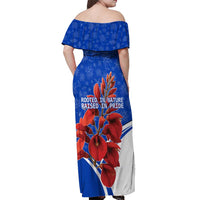 Uruguay Off Shoulder Maxi Dress with Erythrina Flower Illustration Blue White Nature - Wonder Print Shop