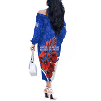 Uruguay Off The Shoulder Long Sleeve Dress with Erythrina Flower Illustration Blue White Nature - Wonder Print Shop