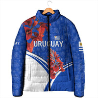 Uruguay Padded Jacket with Erythrina Flower Illustration Blue White Nature - Wonder Print Shop