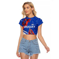 Uruguay Raglan Cropped T Shirt with Erythrina Flower Illustration Blue White Nature - Wonder Print Shop