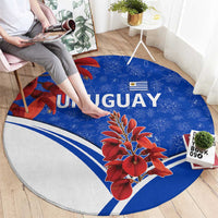 Uruguay Round Carpet with Erythrina Flower Illustration Blue White Nature - Wonder Print Shop
