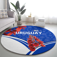 Uruguay Round Carpet with Erythrina Flower Illustration Blue White Nature - Wonder Print Shop