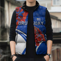 Uruguay Sleeveless Puffer Jacket with Erythrina Flower Illustration Blue White Nature - Wonder Print Shop