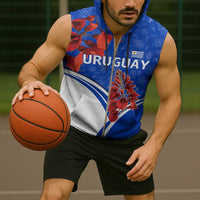 Uruguay Sleeveless Zip Hoodie with Erythrina Flower Illustration Blue White Nature - Wonder Print Shop