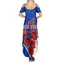 Uruguay Summer Maxi Dress with Erythrina Flower Illustration Blue White Nature - Wonder Print Shop