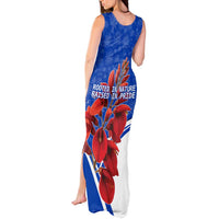 Uruguay Tank Maxi Dress with Erythrina Flower Illustration Blue White Nature - Wonder Print Shop