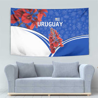 Uruguay Tapestry with Erythrina Flower Illustration Blue White Nature - Wonder Print Shop