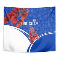 Uruguay Tapestry with Erythrina Flower Illustration Blue White Nature - Wonder Print Shop