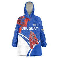 Uruguay Wearable Blanket Hoodie with Erythrina Flower Illustration Blue White Nature - Wonder Print Shop