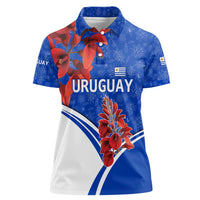 Uruguay Women Polo Shirt with Erythrina Flower Illustration Blue White Nature - Wonder Print Shop
