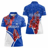 Uruguay Women Polo Shirt with Erythrina Flower Illustration Blue White Nature - Wonder Print Shop