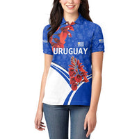 Uruguay Women Polo Shirt with Erythrina Flower Illustration Blue White Nature - Wonder Print Shop