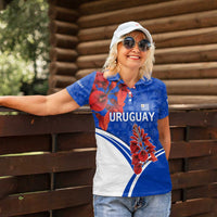Uruguay Women Polo Shirt with Erythrina Flower Illustration Blue White Nature - Wonder Print Shop