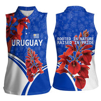 Uruguay Women Sleeveless Polo Shirt with Erythrina Flower Illustration Blue White Nature - Wonder Print Shop