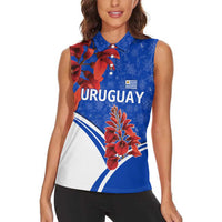 Uruguay Women Sleeveless Polo Shirt with Erythrina Flower Illustration Blue White Nature - Wonder Print Shop