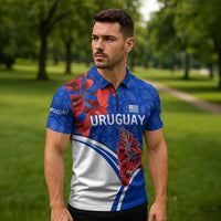Uruguay Zipper Polo Shirt with Erythrina Flower Illustration Blue White Nature - Wonder Print Shop
