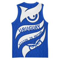 Uruguay Basketball Jersey with Owl Illustration Blue White Abstract Motion Design - Wonder Print Shop