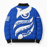 Uruguay Bomber Puffer Jacket with Owl Illustration Blue White Abstract Motion Design - Wonder Print Shop