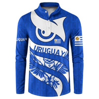 Uruguay Button Sweatshirt with Owl Illustration Blue White Abstract Motion Design - Wonder Print Shop