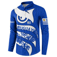 Uruguay Button Sweatshirt with Owl Illustration Blue White Abstract Motion Design - Wonder Print Shop