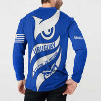 Uruguay Button Sweatshirt with Owl Illustration Blue White Abstract Motion Design - Wonder Print Shop
