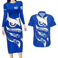 Uruguay Couples Matching Long Sleeve Bodycon Dress and Hawaiian Shirt with Owl Illustration Blue White Abstract Motion Design - Wonder Print Shop