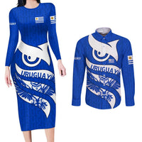 Uruguay Couples Matching Long Sleeve Bodycon Dress and Long Sleeve Button Shirt with Owl Illustration Blue White Abstract Motion Design - Wonder Print Shop