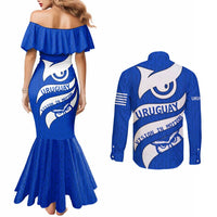 Uruguay Couples Matching Mermaid Dress and Long Sleeve Button Shirt with Owl Illustration Blue White Abstract Motion Design - Wonder Print Shop