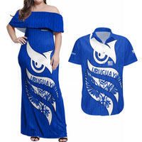 Uruguay Couples Matching Off Shoulder Maxi Dress and Hawaiian Shirt with Owl Illustration Blue White Abstract Motion Design - Wonder Print Shop