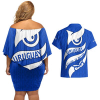 Uruguay Couples Matching Off Shoulder Short Dress and Hawaiian Shirt with Owl Illustration Blue White Abstract Motion Design - Wonder Print Shop