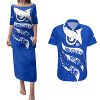 Uruguay Couples Matching Puletasi and Hawaiian Shirt with Owl Illustration Blue White Abstract Motion Design - Wonder Print Shop