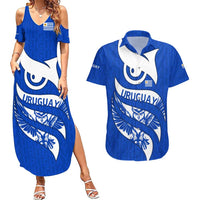 Uruguay Couples Matching Summer Maxi Dress and Hawaiian Shirt with Owl Illustration Blue White Abstract Motion Design - Wonder Print Shop