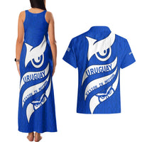 Uruguay Couples Matching Tank Maxi Dress and Hawaiian Shirt with Owl Illustration Blue White Abstract Motion Design - Wonder Print Shop