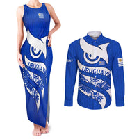 Uruguay Couples Matching Tank Maxi Dress and Long Sleeve Button Shirt with Owl Illustration Blue White Abstract Motion Design - Wonder Print Shop