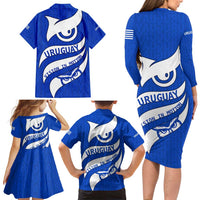 Uruguay Family Matching Long Sleeve Bodycon Dress and Hawaiian Shirt with Owl Illustration Blue White Abstract Motion Design - Wonder Print Shop