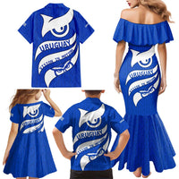 Uruguay Family Matching Mermaid Dress and Hawaiian Shirt with Owl Illustration Blue White Abstract Motion Design - Wonder Print Shop