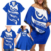 Uruguay Family Matching Off Shoulder Short Dress and Hawaiian Shirt with Owl Illustration Blue White Abstract Motion Design - Wonder Print Shop